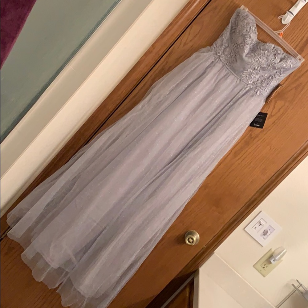 Gray/Silver strapless embroidered and tulle gown